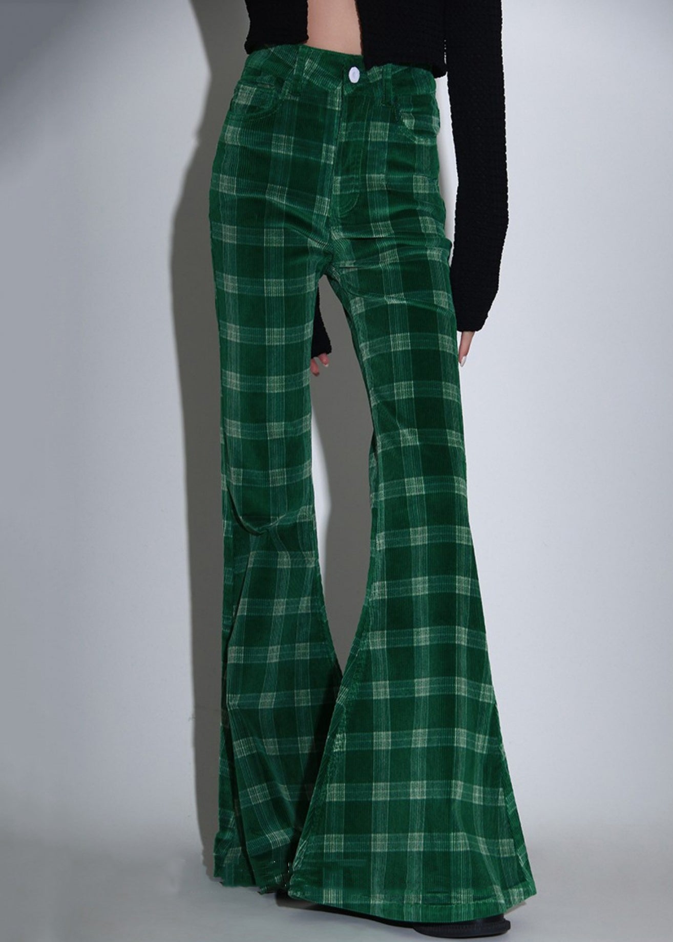 Chic Green Plaid Pockets Corduroy Flare Bottoms Spring TT1012