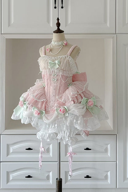 Blush Sleeveless Embroidered Bow Lace Pearl JSK with Ruffles - Honey Rose