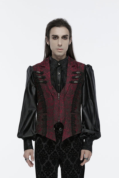 Crimson Gothic Waistcoat with Jacquard Weave and Zip Closure