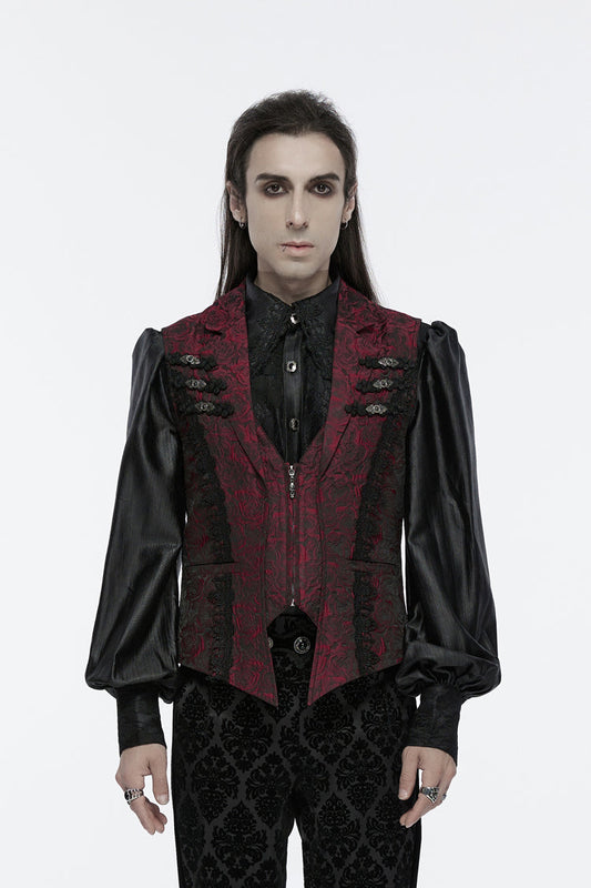 Crimson Gothic Waistcoat with Jacquard Weave and Zip Closure