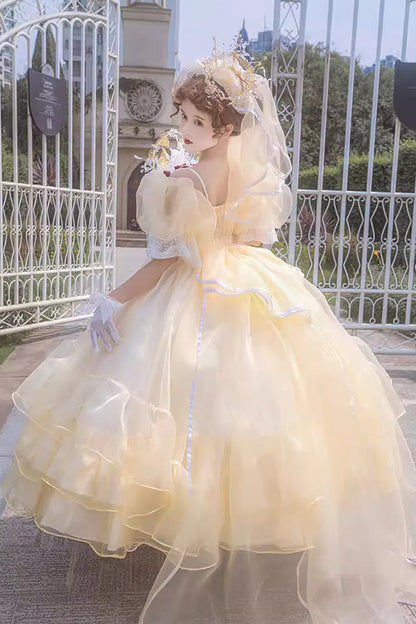 Golden Off-Shoulder Sleeve Ruffled Bridal Bow Lace Plus Size Lolita Gown