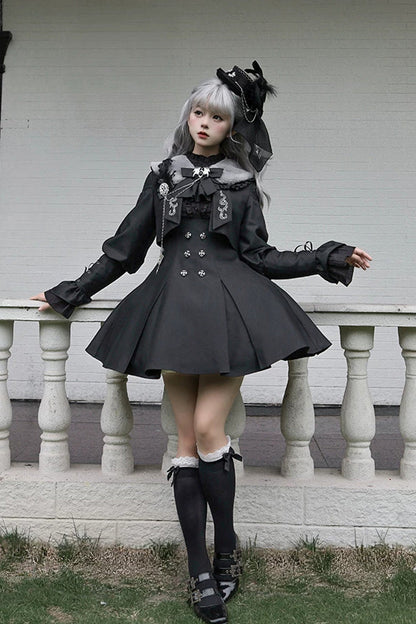 Ebony Double-Breasted Bustier Suspender Dress - Gothic Night Butler