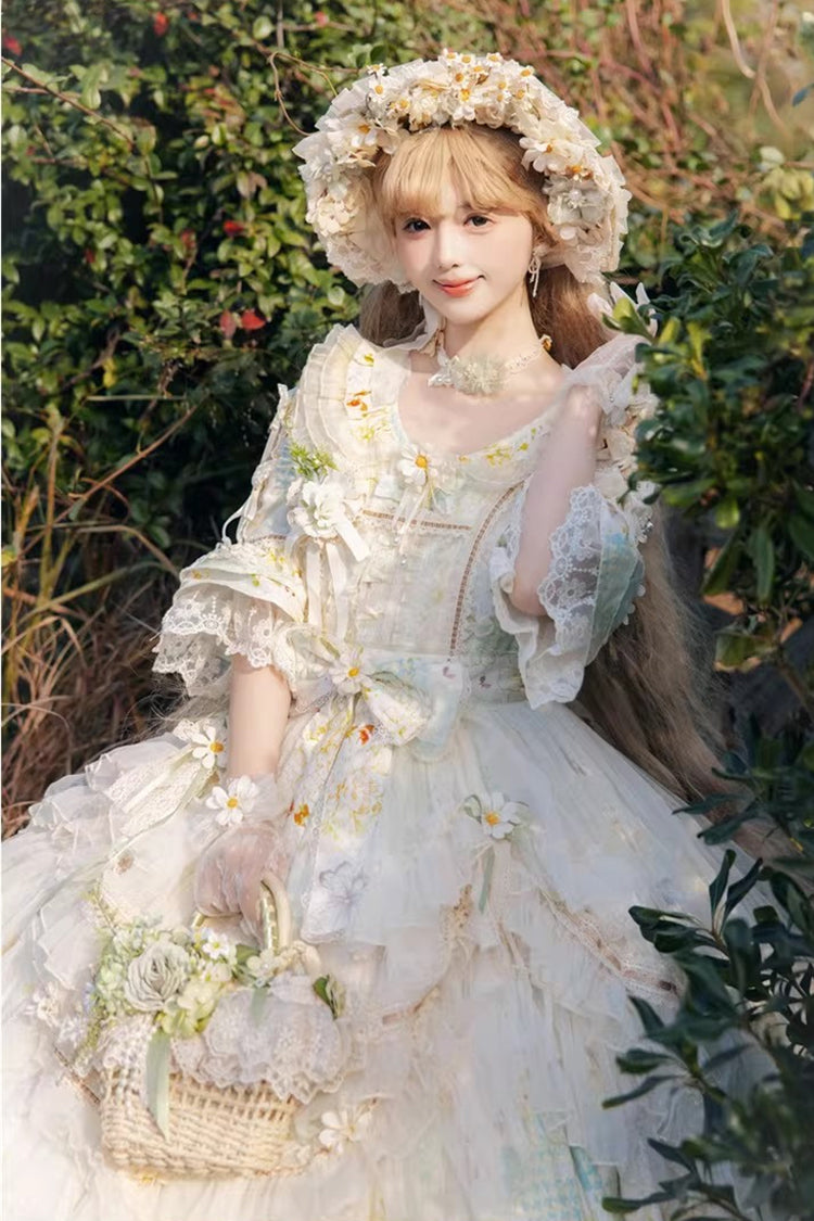 Emerald Daisy Lapel Half-Sleeve Layered Bow Lace Plus-Size Princess Dress