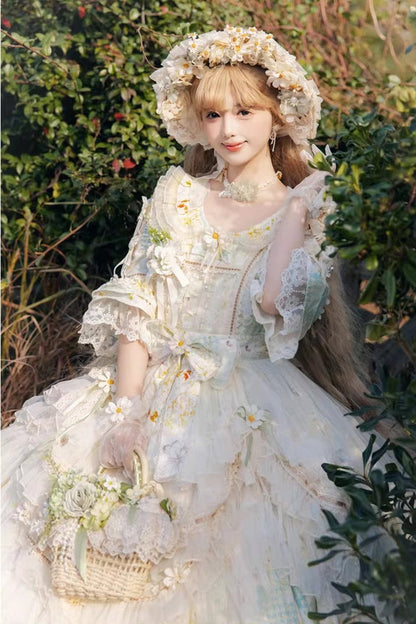 Emerald Daisy Lapel Half-Sleeve Layered Bow Lace Plus-Size Princess Dress
