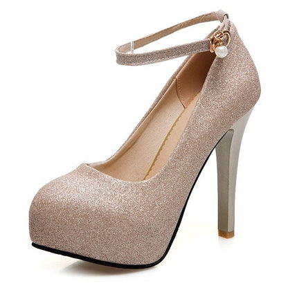 Stiletto Silver Heels Glitter Ankle Women's Platform with