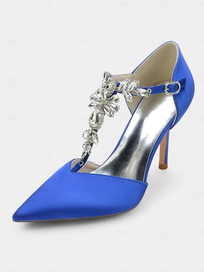 Women's Heels Satin – Pointed Blue Toe Navy T-Strap