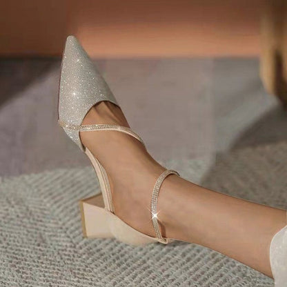 Glitter Heels Ankle with Block Mesh Pointed Toe Women's