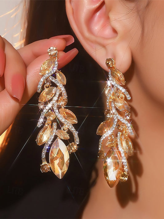 Women's Gold Earrings Crystal - Design Leaf Elegant