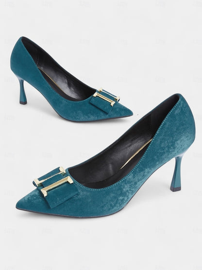 Elegant Toe Teal Kitten Velvet Heel Pointed Women's Pumps -