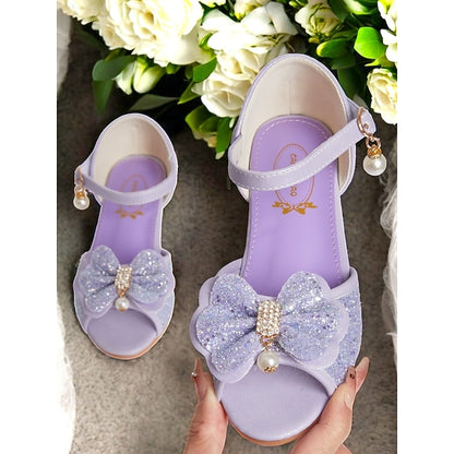 Glitter Purple Bow Accent Pearl Girls' Sandals with