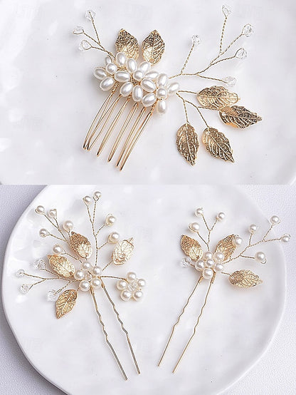 with Faux Pearls Accessory and Bridal Gold Silver Set Hair Leaf
