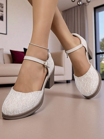 - Heel Mary Chunky Lace Low Women's Comfortable Jane Shoes