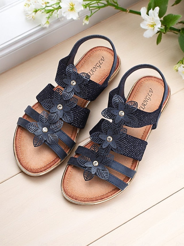 Elegant Women's Beige Floral Rhinestone – Flat Sandals