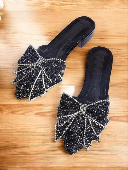 for Black Mules Perfect Parties and Rhinestone-Bow Flat –