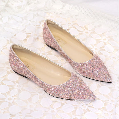 Women's – Toe Comfortable Flat Pink Glitter Shoes Pointed