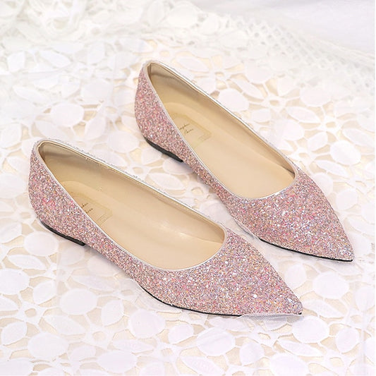 Women's – Toe Comfortable Flat Pink Glitter Shoes Pointed