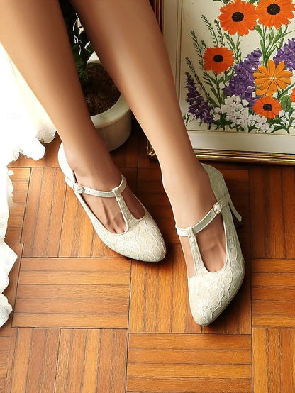 Lace Heel Pumps-1920s T-Strap Mid Ivory Vintage Women's