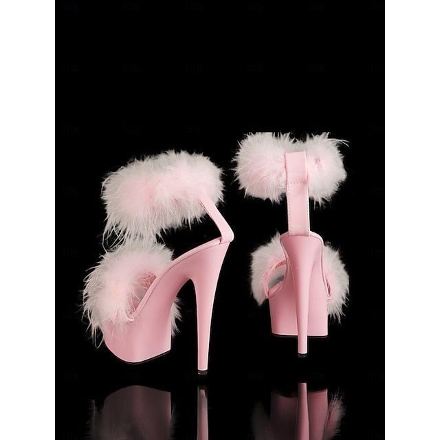 Fluffy Heels Platform Sandals High Pink with –Stylish