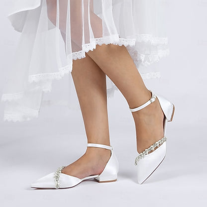 Pointed Wedding Women's Elegant Toe Flats White Satin –