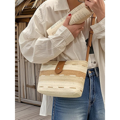 Striped with Bag Colorblock Women's Straw Woven Brown Tote