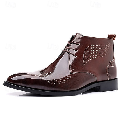 Leather Ankle Men's Faux Glossy Burgundy Wingtip Brogue