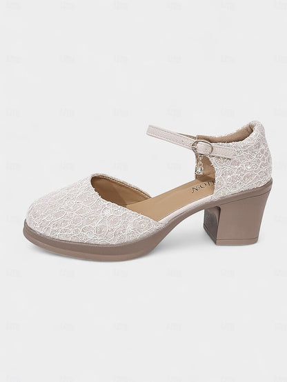 Women's Low Comfortable Mary Lace Heel - Jane Chunky Shoes
