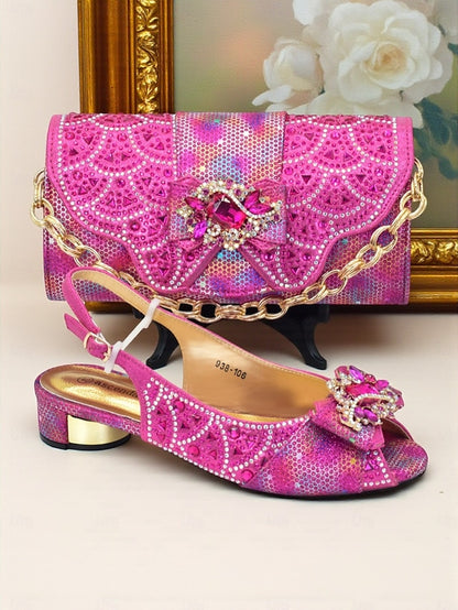 Gold Slingback and Heels Matching Rhinestone Women's Clutch