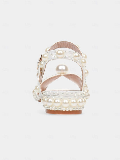 Women's Pearl-Embellished – Heel Low White Sandals