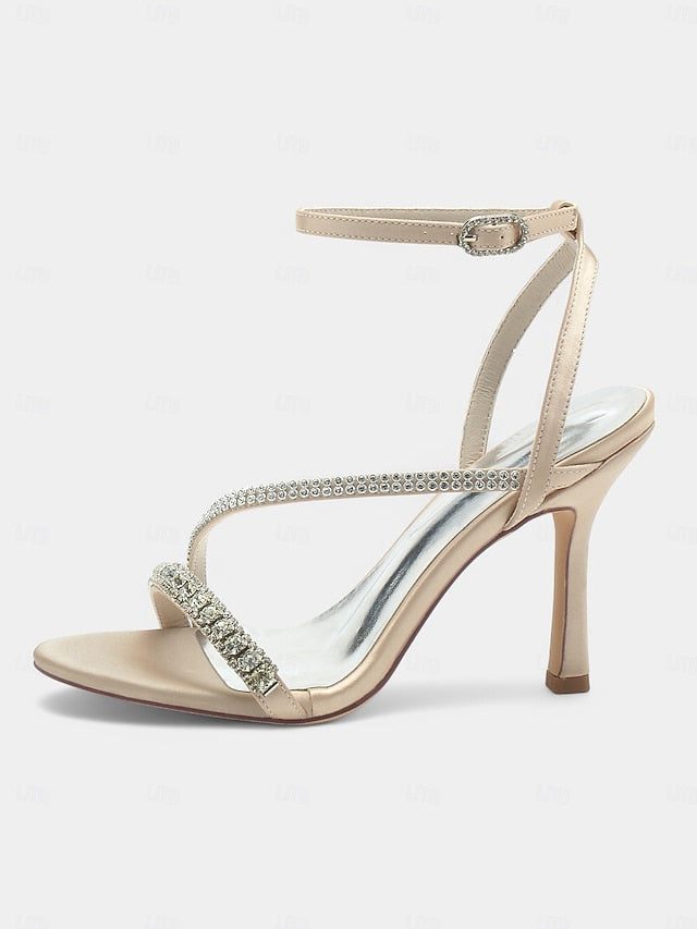 Sophisticated Satin Champagne – Rhinestone Heels Strappy