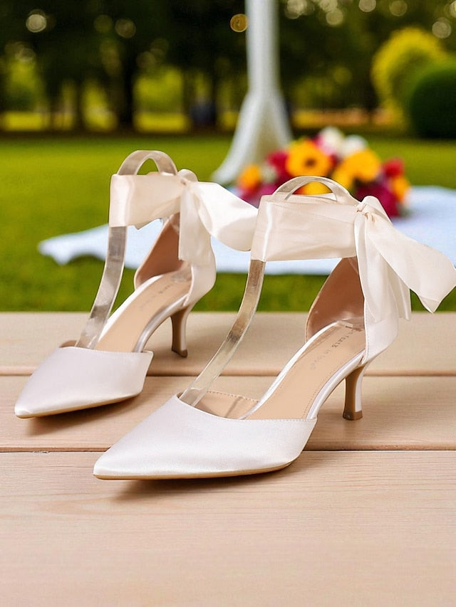 Heel with Ribbon Women's Shoes Pointed-Toe Satin Kitten