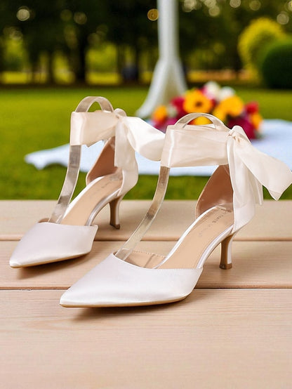 Heel with Ribbon Women's Shoes Pointed-Toe Satin Kitten