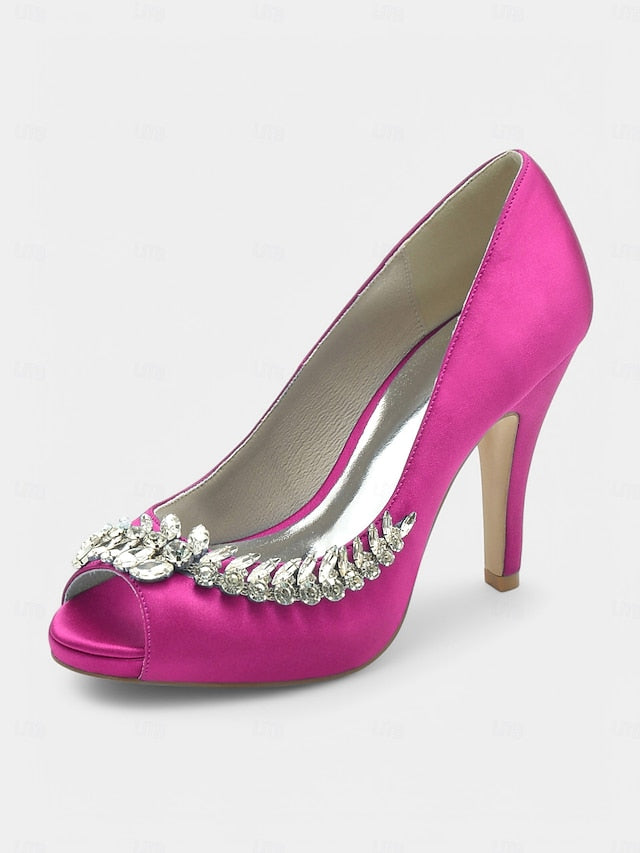 with – Peep-Toe Crystal Embellishment Heels Blue Satin Luxury