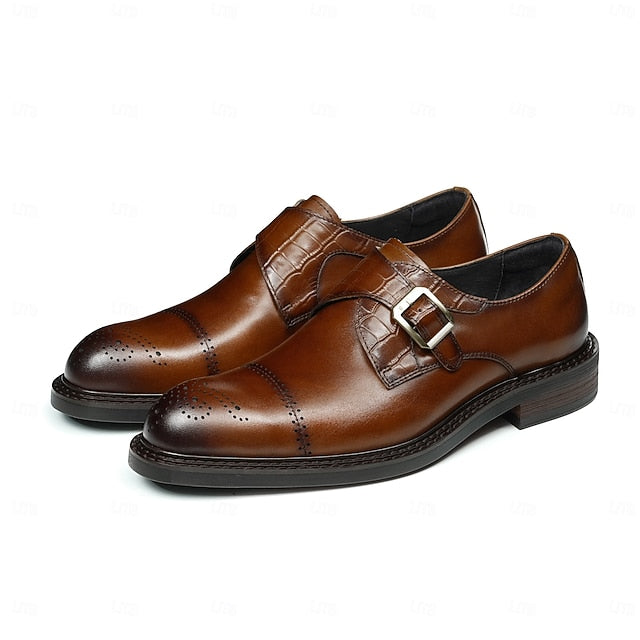First Men's Genuine Strap Monk Black Leather Shoes-