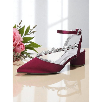 Satin Rhinestone Purple Women's Block with Heel Pumps