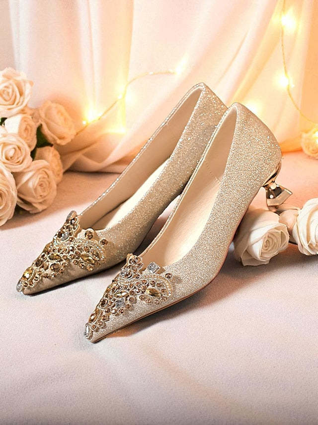 Heel Women's Pumps Pointed-Toe with Gold Low Glitter