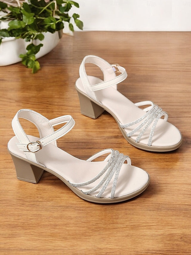 Block with Heel Rhinestones - Sandals Comfortable Strappy Black