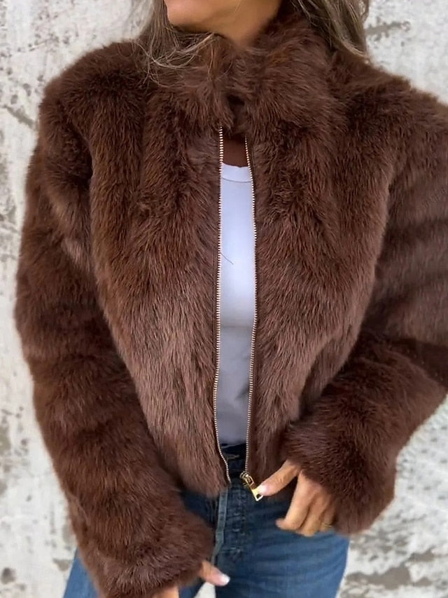 Casual Faux Zipper Plain Women's Breathable Fur Warm Coat