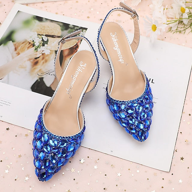 High Rhinestone Slingback Crystal Women's Heels Pointed-Toe