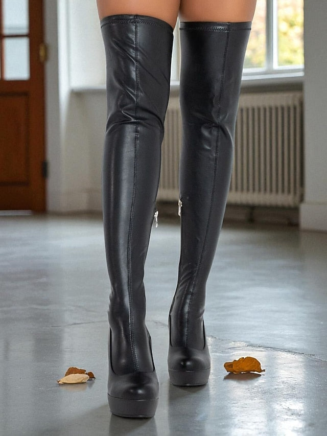 the Knee Heel Women's Wedge Faux Leather - Boots Over Black