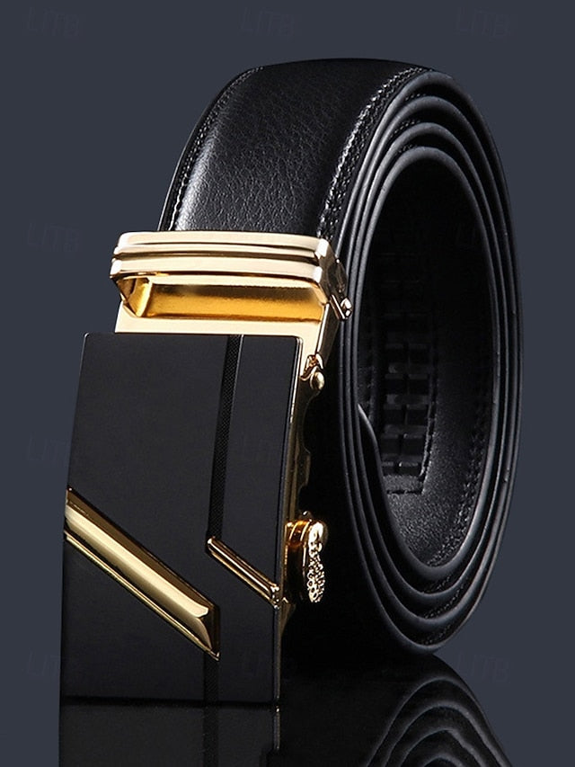 with Elegant Adjustable Black Leather Men's Belt Metal