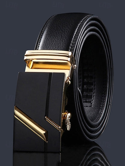 with Elegant Adjustable Black Leather Men's Belt Metal