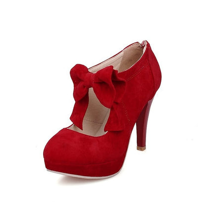 Women's Bow High Pumps Vintage Red Heel Platform Suede –