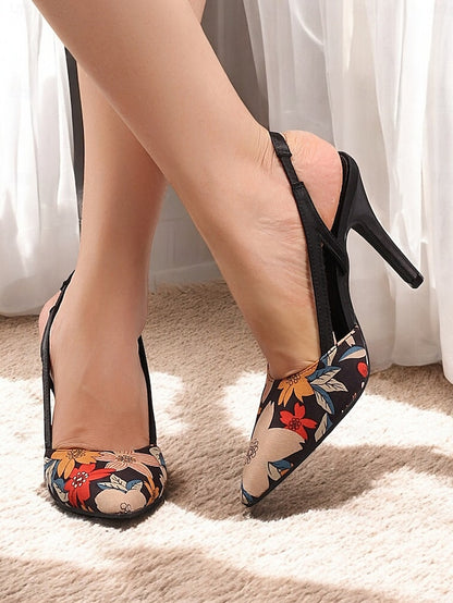 Slingback Elegant Pointed Heels Toe High Women's – Floral