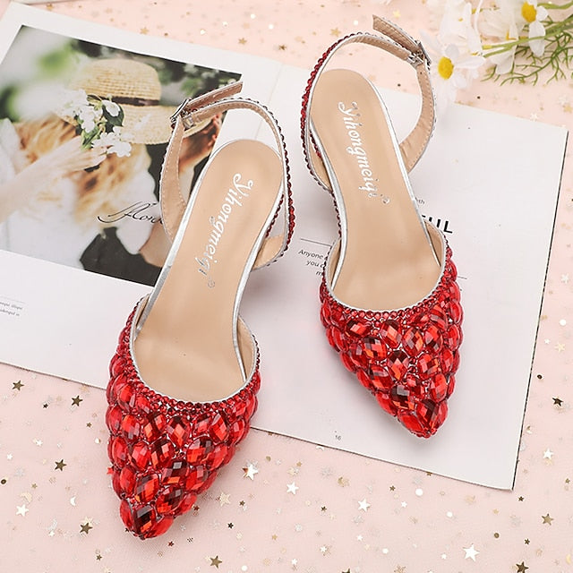High Rhinestone Slingback Crystal Women's Heels Pointed-Toe