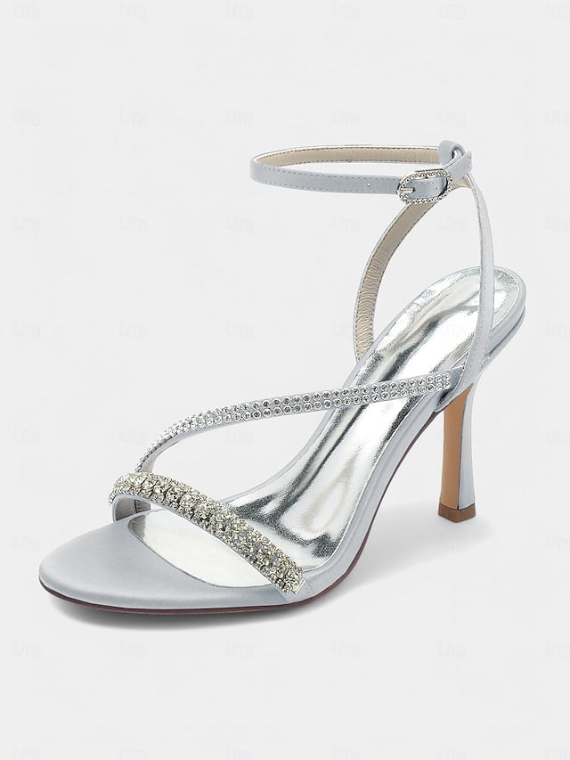 Sophisticated Satin Champagne – Rhinestone Heels Strappy