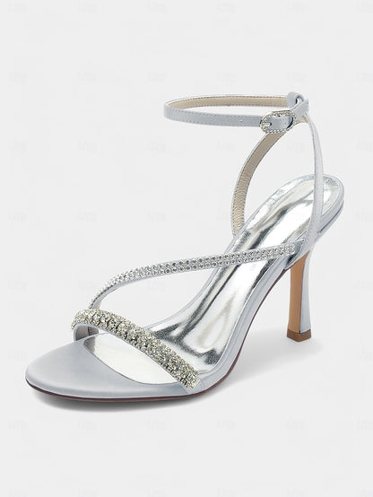 Sophisticated Satin Champagne – Rhinestone Heels Strappy