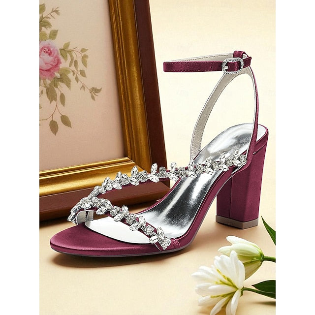 Heel Sandals Block Straps Women's - Rhinestone White with