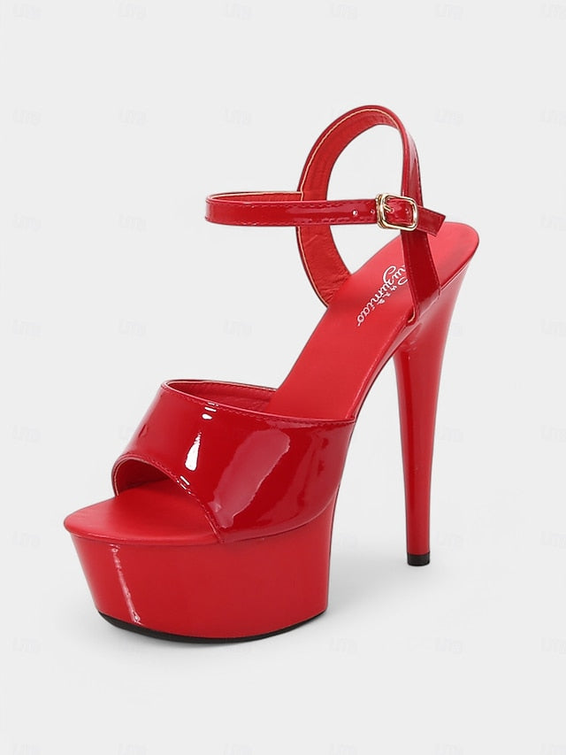 Toe Leather Women Sandals Red Platform Peep for - Patent