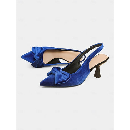Bow Toe Blue Slingback with Pointed Women's Velvet Heels