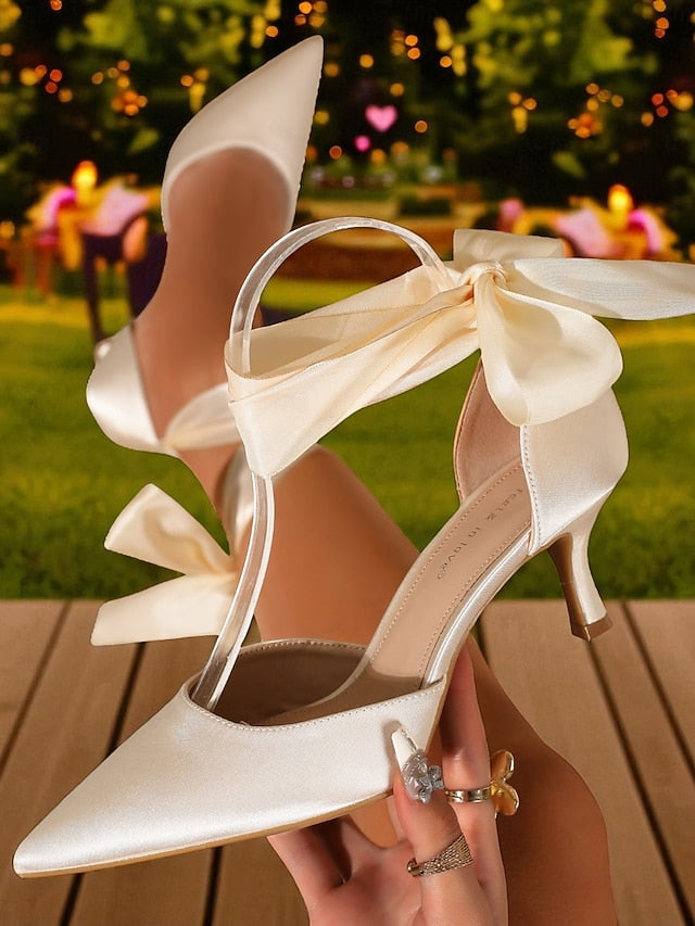 Heel with Ribbon Women's Shoes Pointed-Toe Satin Kitten